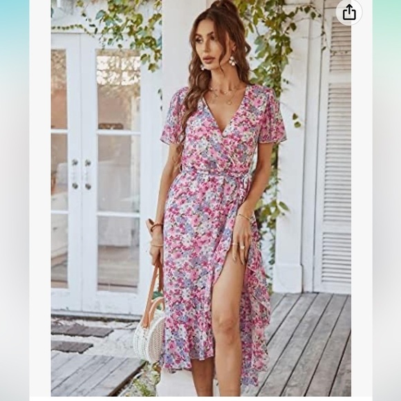 GRACEASY DRESS PINK WHITE FLORAL PRINT FIT FLAIR WRAP SUMMER DRESS SIZE XL NET - Picture 14 of 14